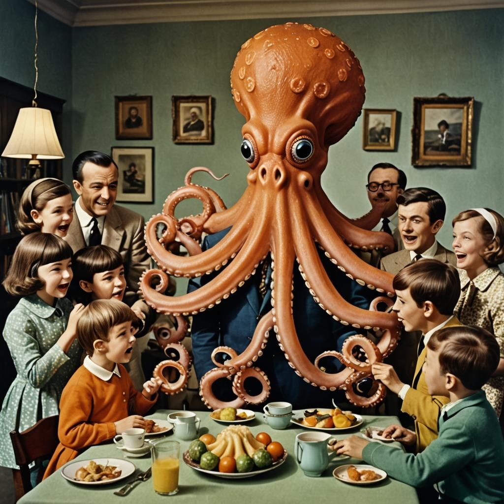Surreal Octopus Photograph in 1960s Style