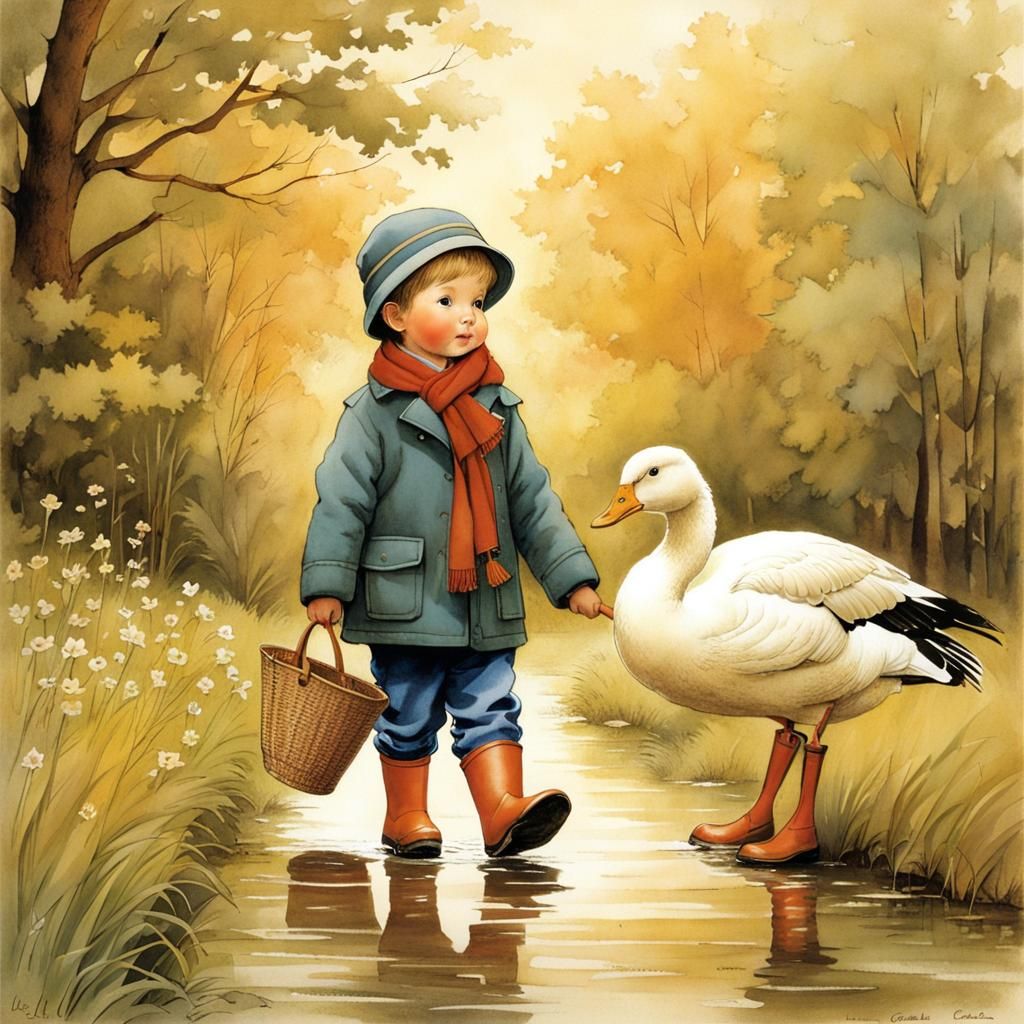 Boy and Goose Stroll: Storybook Illustration