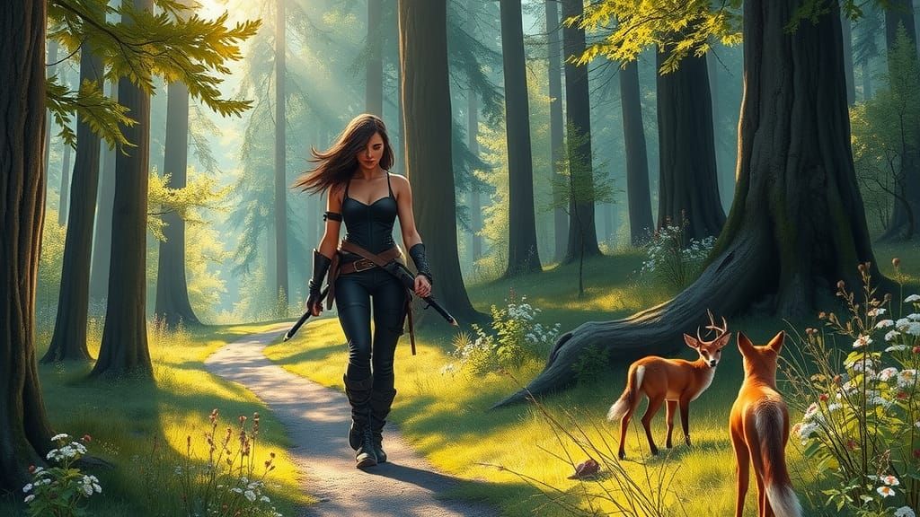 Tactical Woman on Forest Trail in Fantasy Style