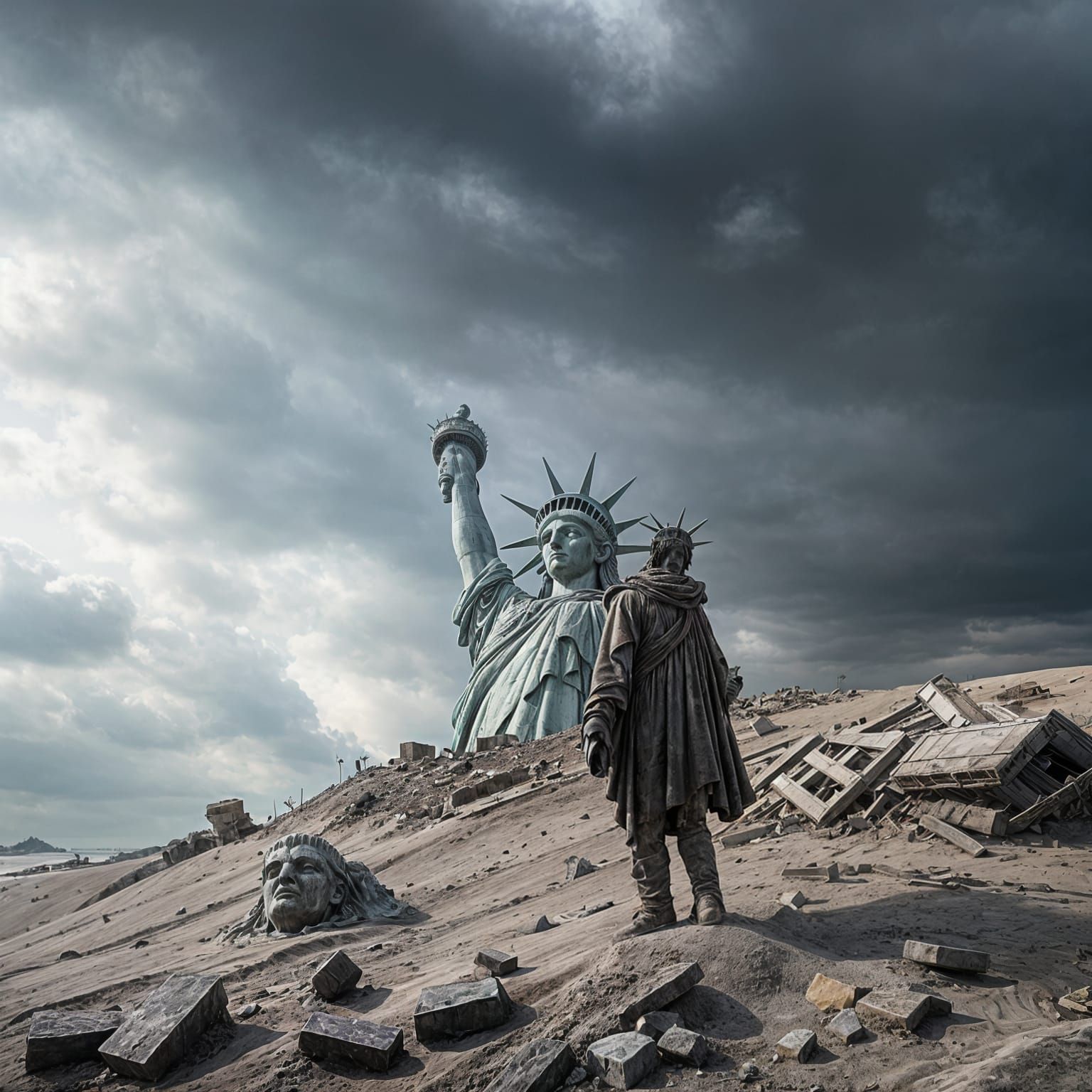 Desolate Post-Apocalyptic Scene with Statue of Liberty