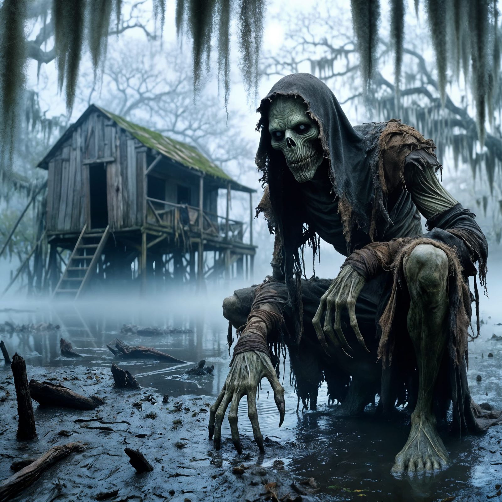 Photorealistic Ghoul in Louisiana Bayou at Dawn
