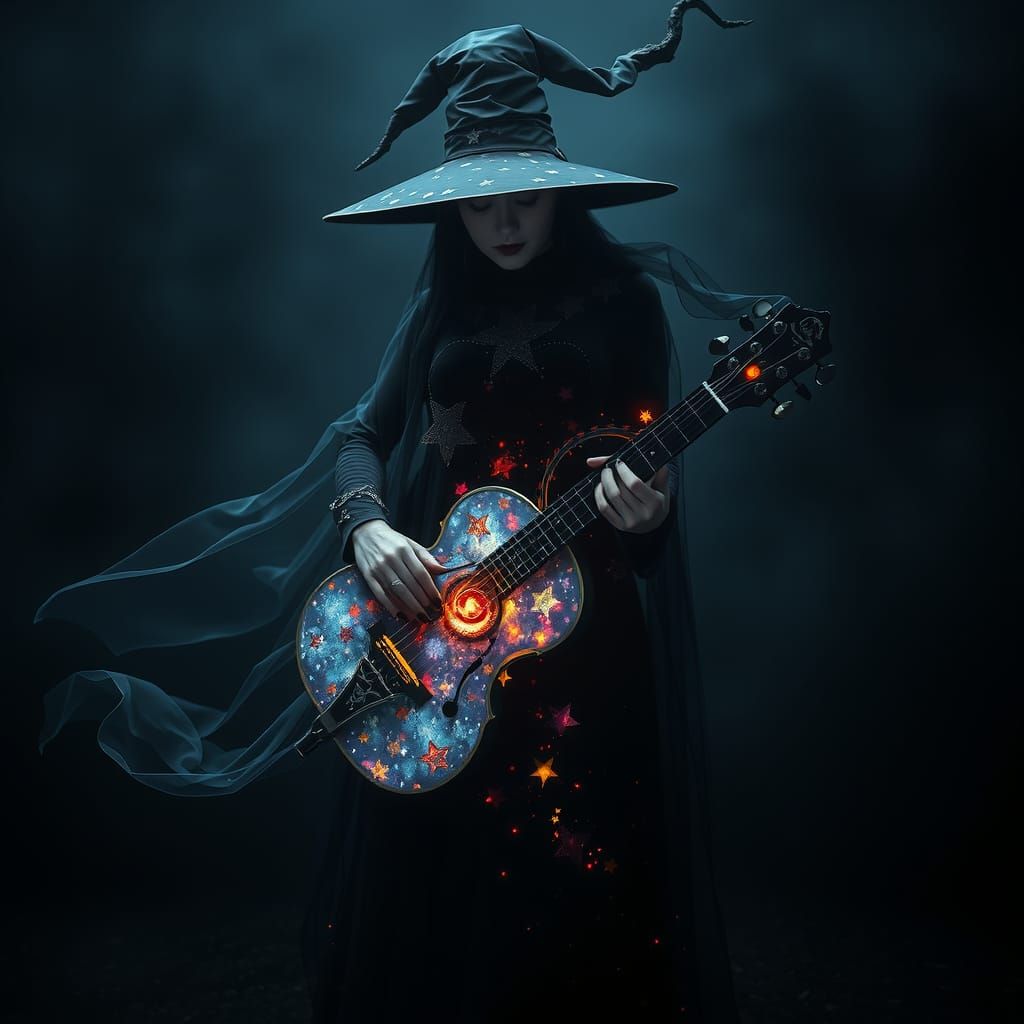 Mystical Witch with Cosmic Balalaika in Anime Style