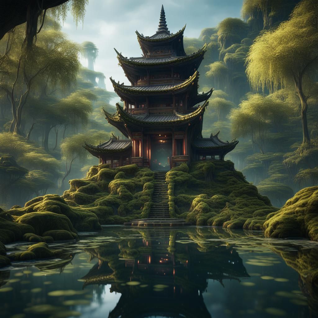 Pagoda Amidst Pond: Detailed Matte Painting