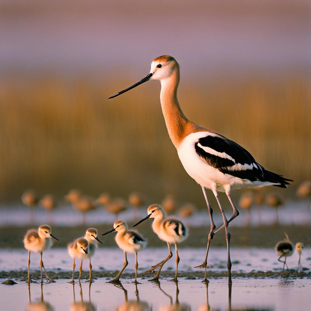 American Avocet Family in Hazy Dawn Light