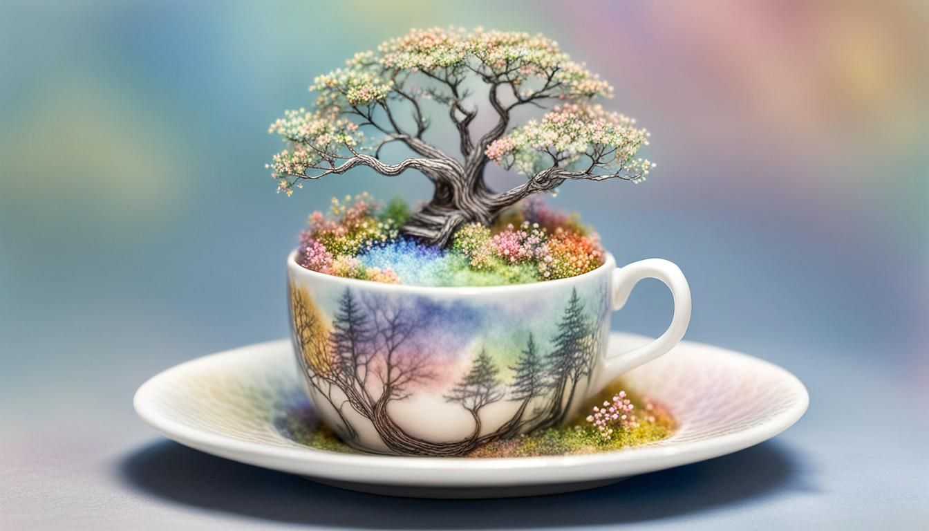 Teacup Forest Ecosystem in Watercolor Style