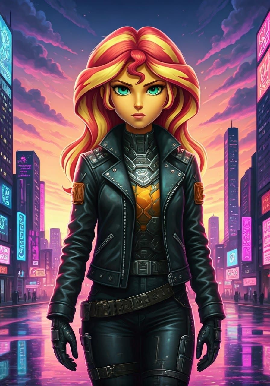 Cyberpunk Sunset Shimmer in Neon Cityscape