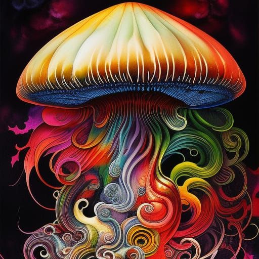 Colorful Ink Mushroom Chibi Gouache Painting