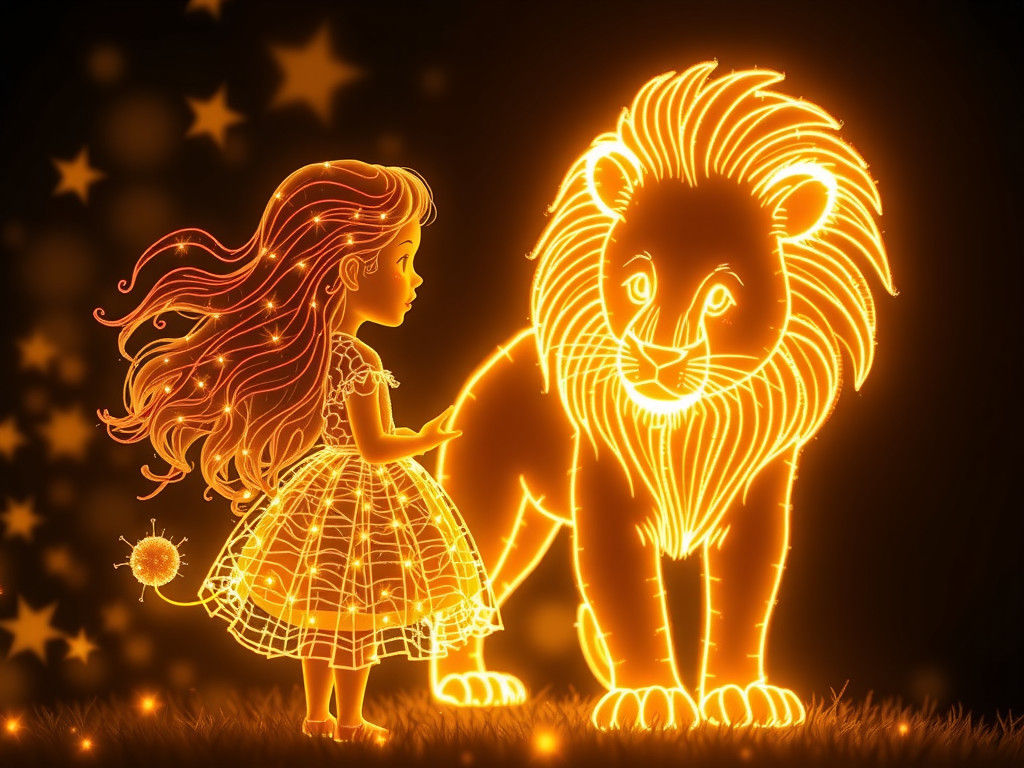 Glowing Girl and Lion in a Whimsical Fantasy