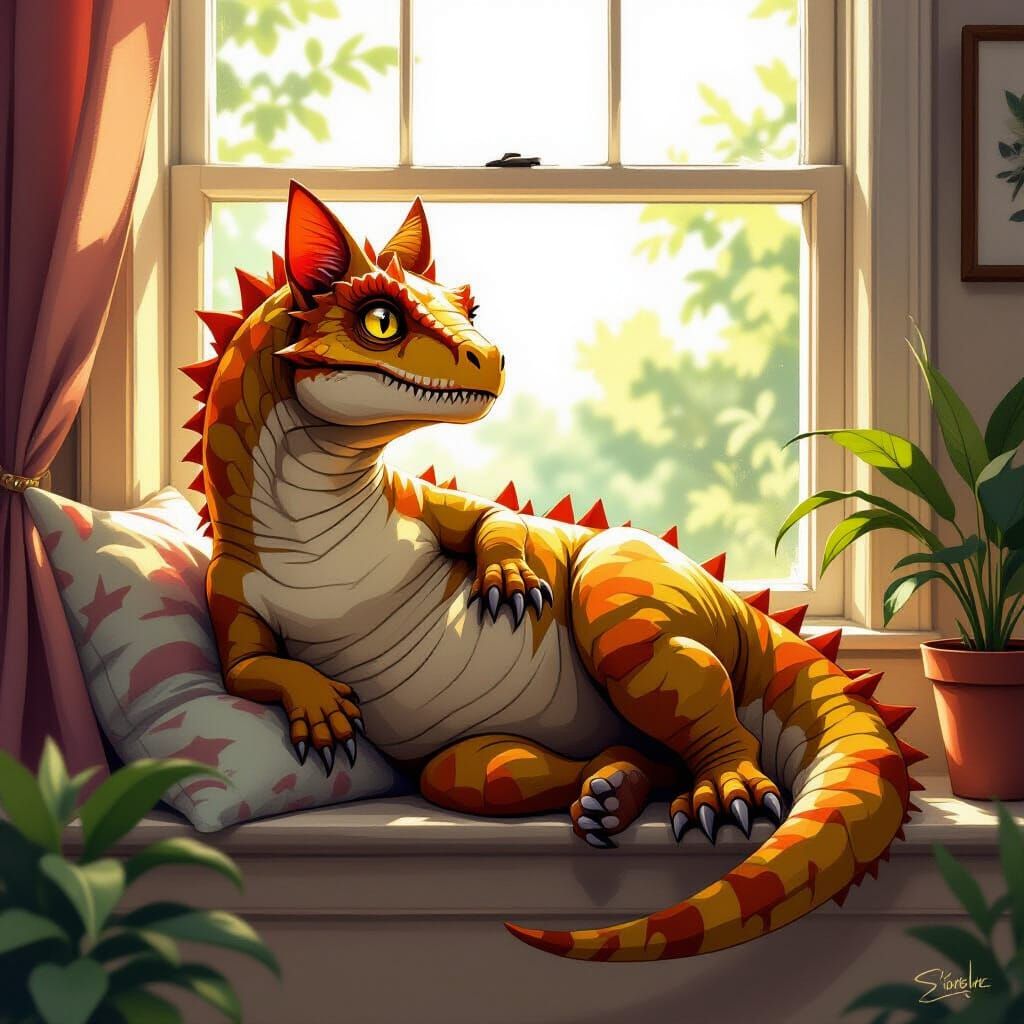 Dinosaur-Cat Hybrid Lounging in Sunlight