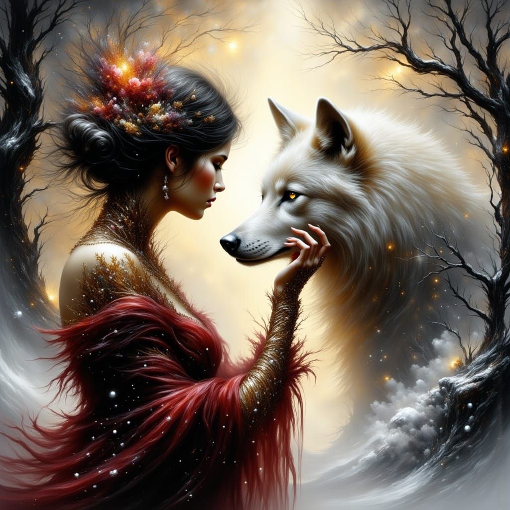 Ethereal Winter Goddess Interacts with Majestic Snow-White W...