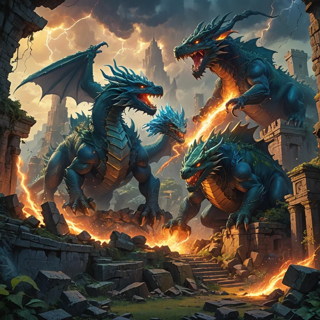 Elemental Dragons Battle in Ancient Ruins