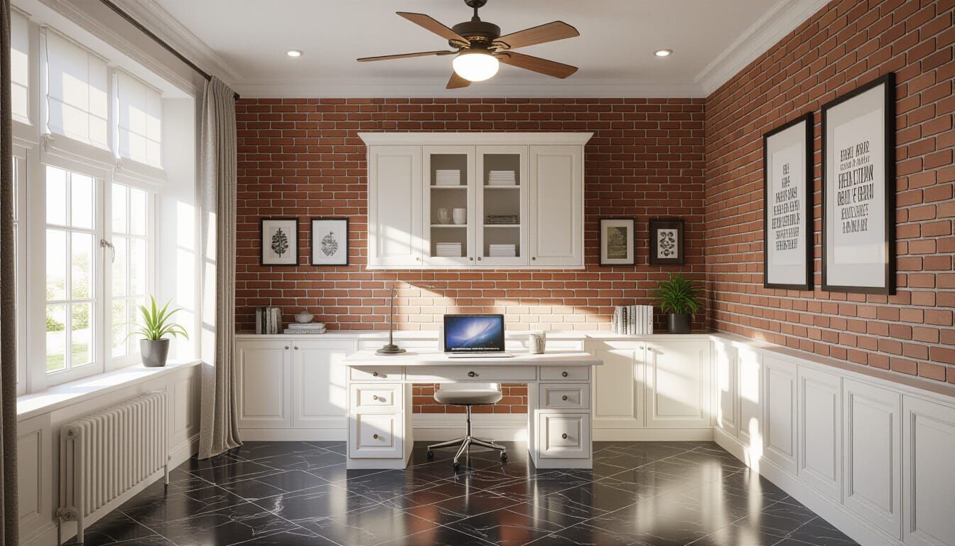 Victorian Working Room with Ivory Cabinets and Marble Floor