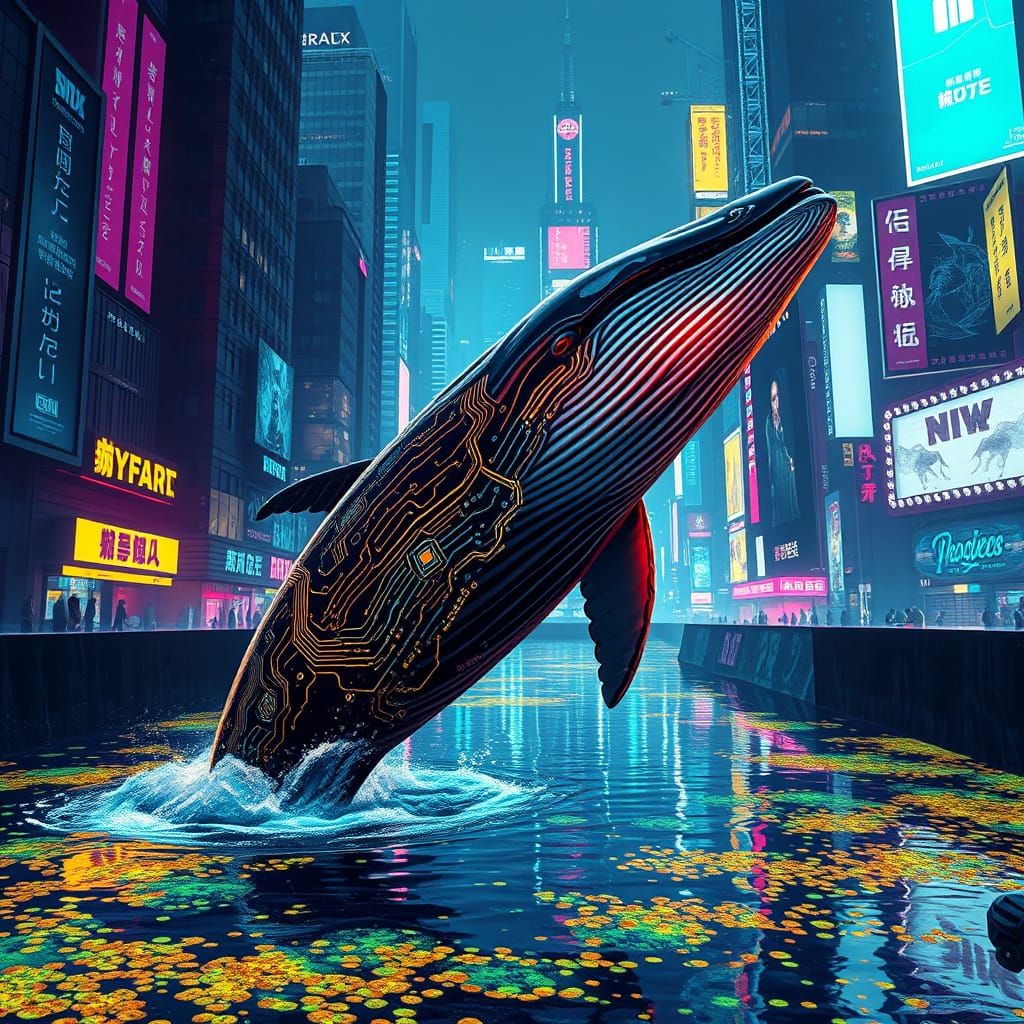 Cyberpunk Whale Breach in Neon City