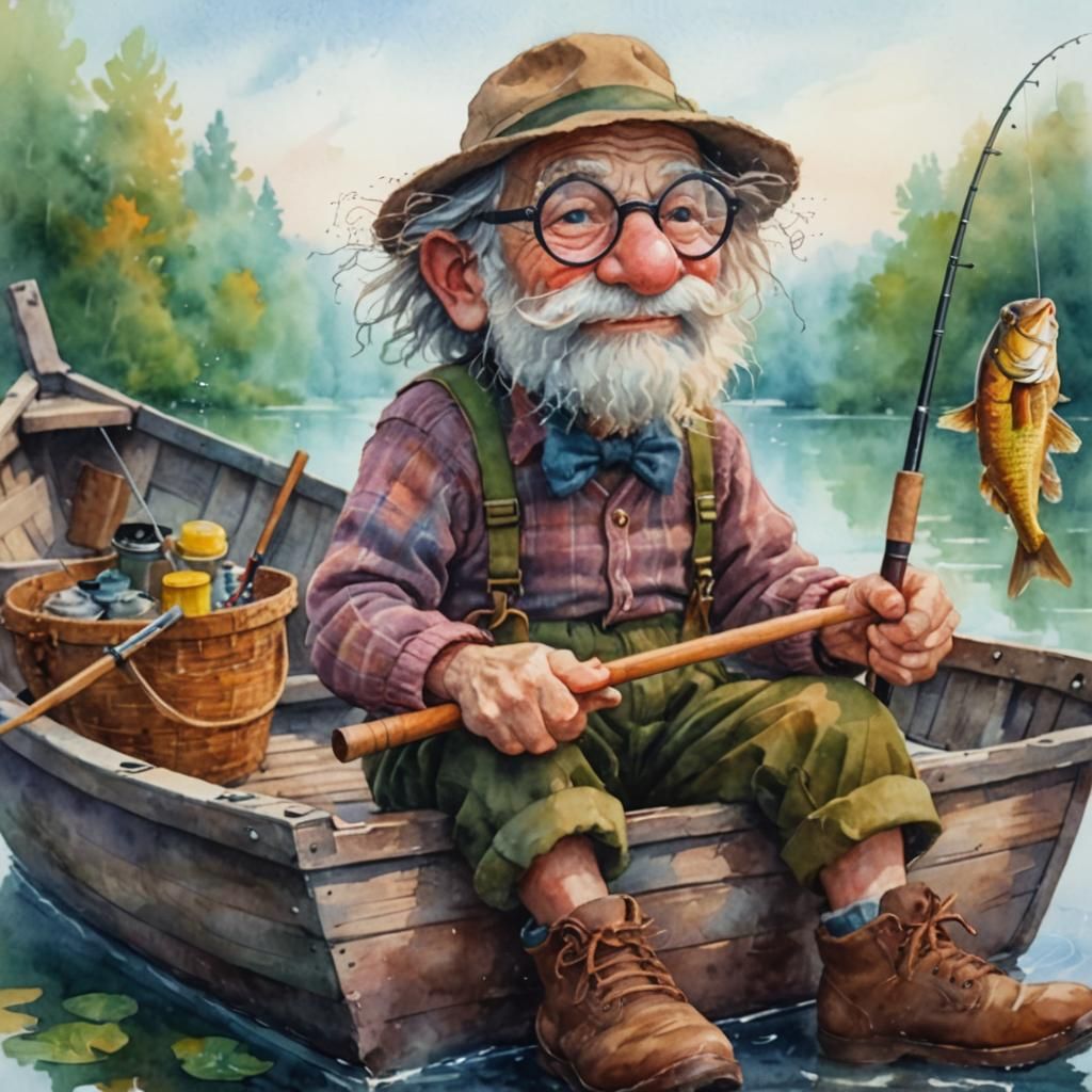 Man Fishing at Dawn in Watercolor Style