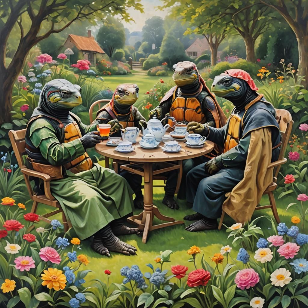 Turtles' Tea Party: An Oil Painting in the Garden