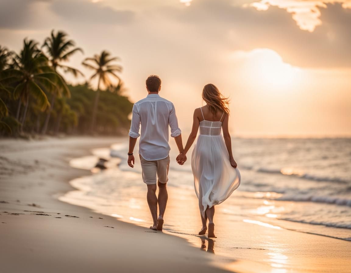 Couple Strolls on Tropical Beach at Sunset
