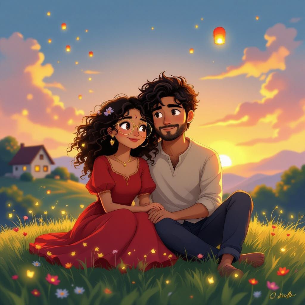 Romantic Indian Couple on Hill in Ghibli Style