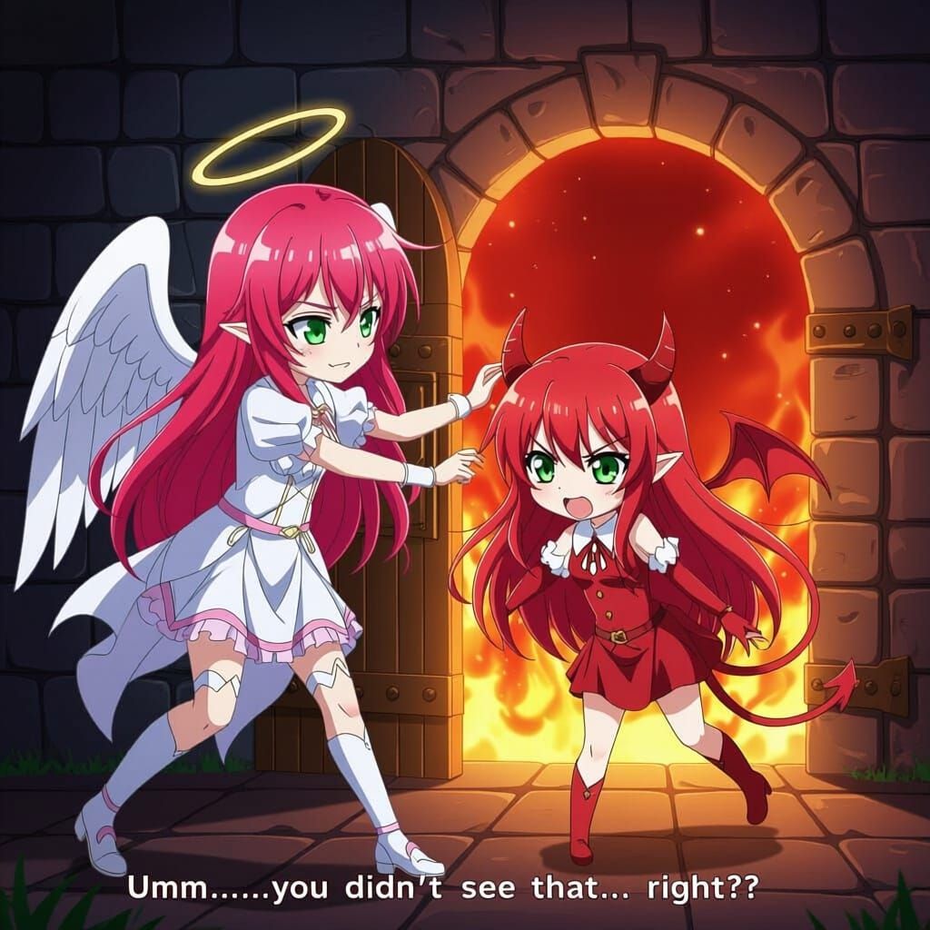 Anime Angel Girl Pushes Devil Girl Through Hell Portal