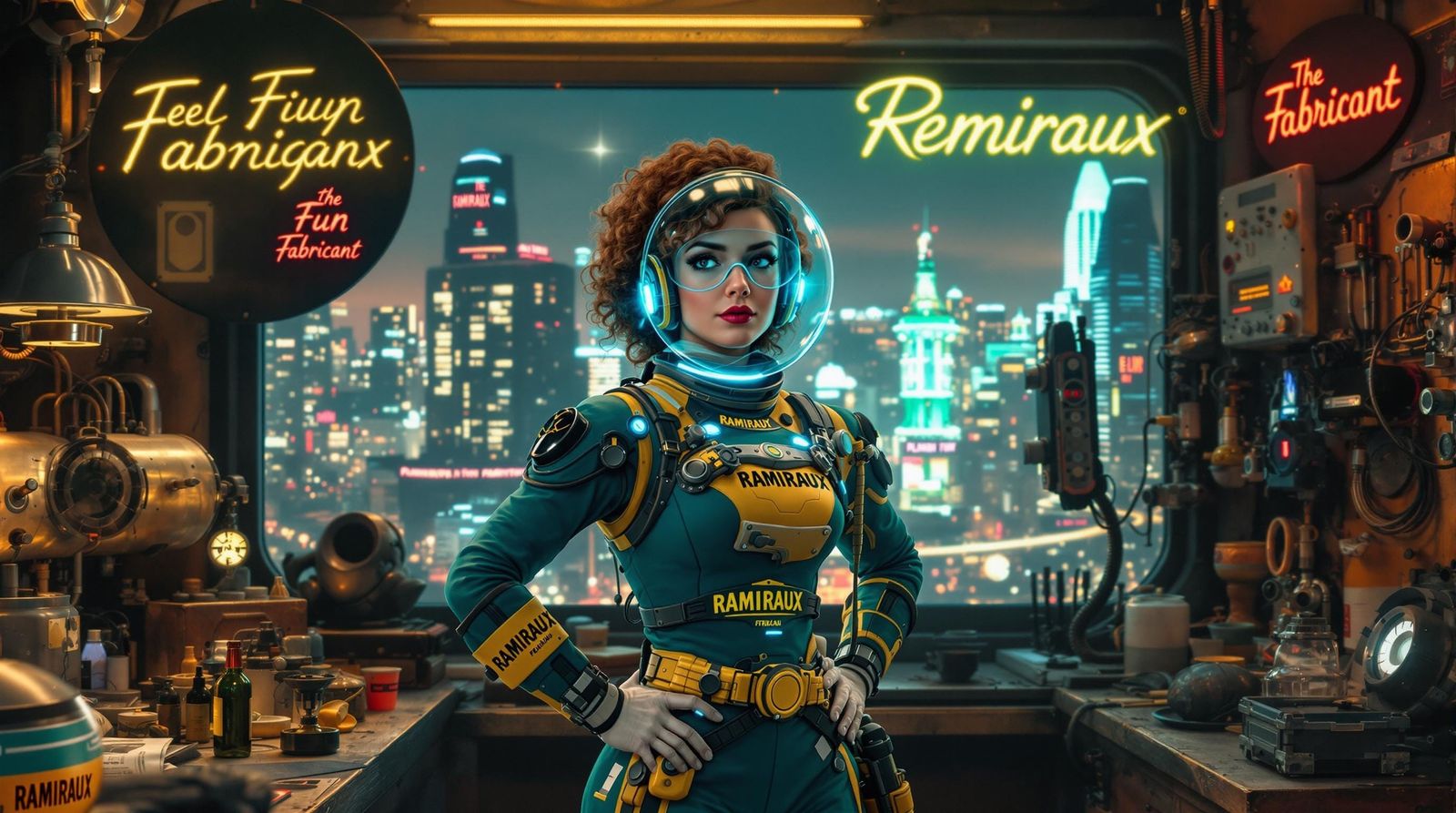 Retro-Futuristic Inventor in Laboratory, Futura Nova Citysca...