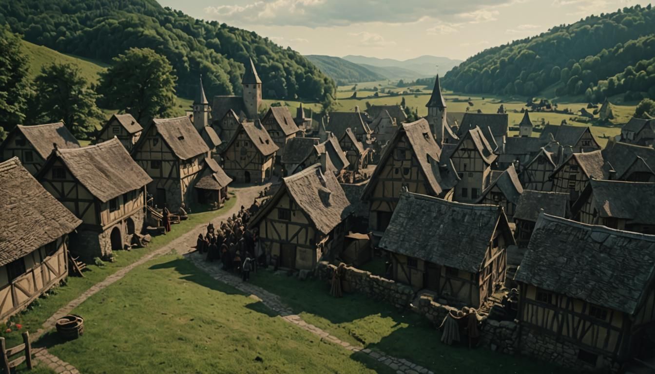 Cinematic Medieval Village Scene on Film