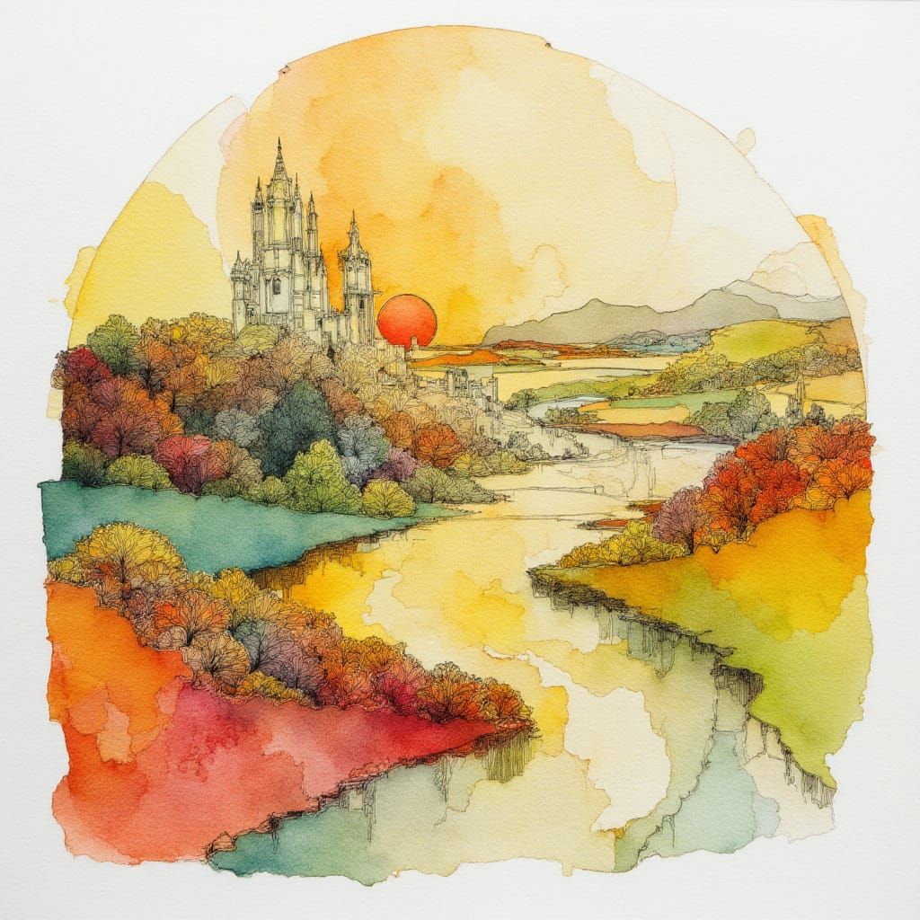 Bauhaus Cubist Landscape in Watercolor and Ink