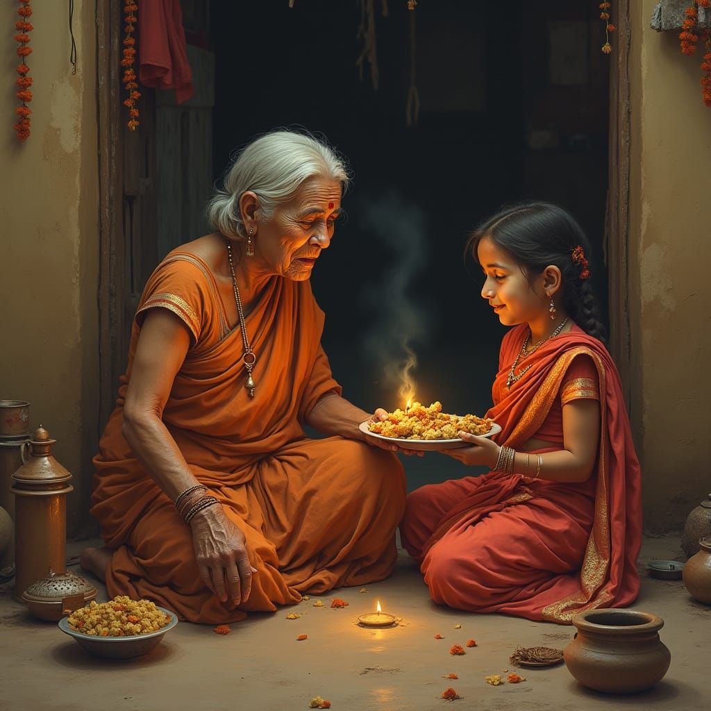 Emotional Indian Village Scene in Mughal Miniature Style