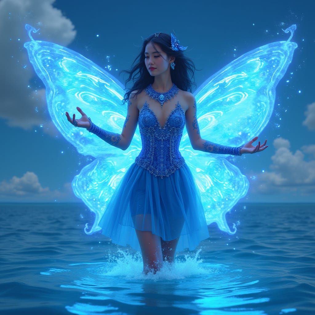 Ethereal Water Enchantress in a Deep Blue Haze