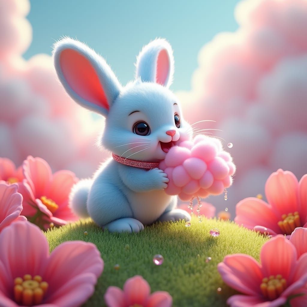 Blue Bunny Rabbit Munching Fairy Floss
