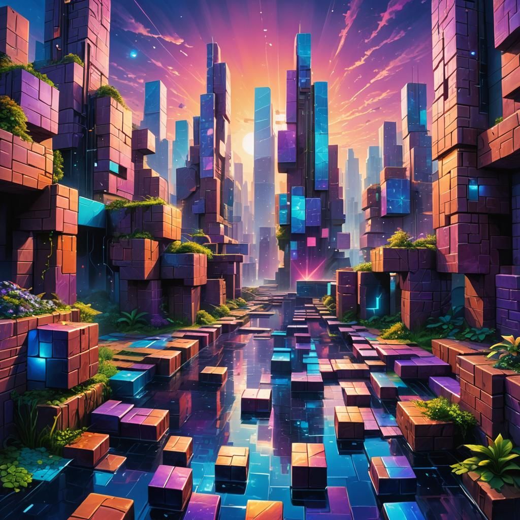 Futuristic Tetris Cityscape in Vibrant Oil Painting Style