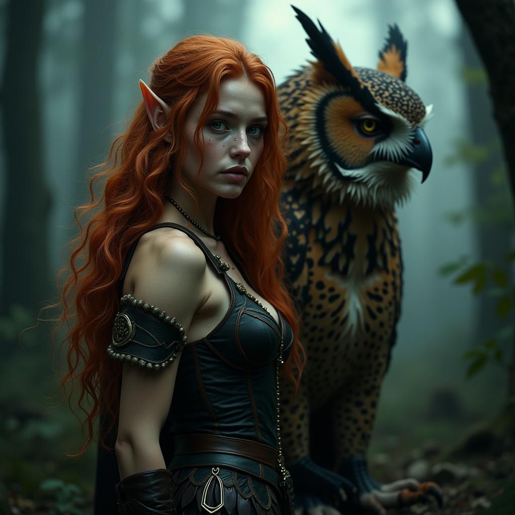 Elf and Owlbear in Misty Forest, Film Noir Style