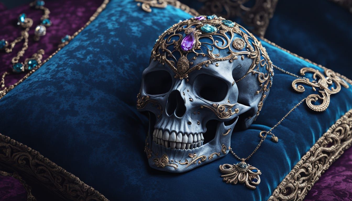 Ornate Skull with Jewels on Velvet Cushion in Ethereal Light