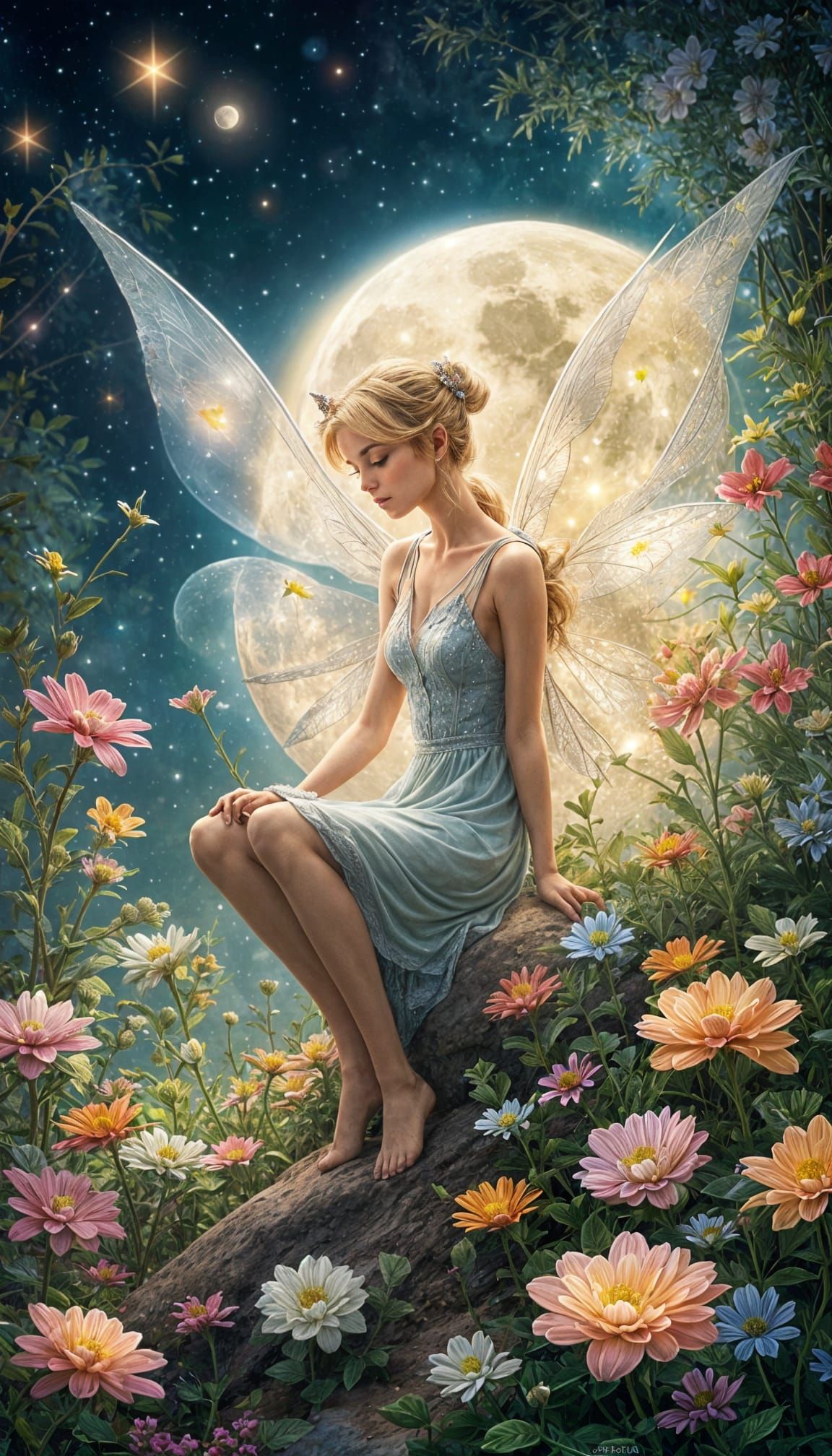 Hyperrealistic Tinkerbell Sitting on the Moon