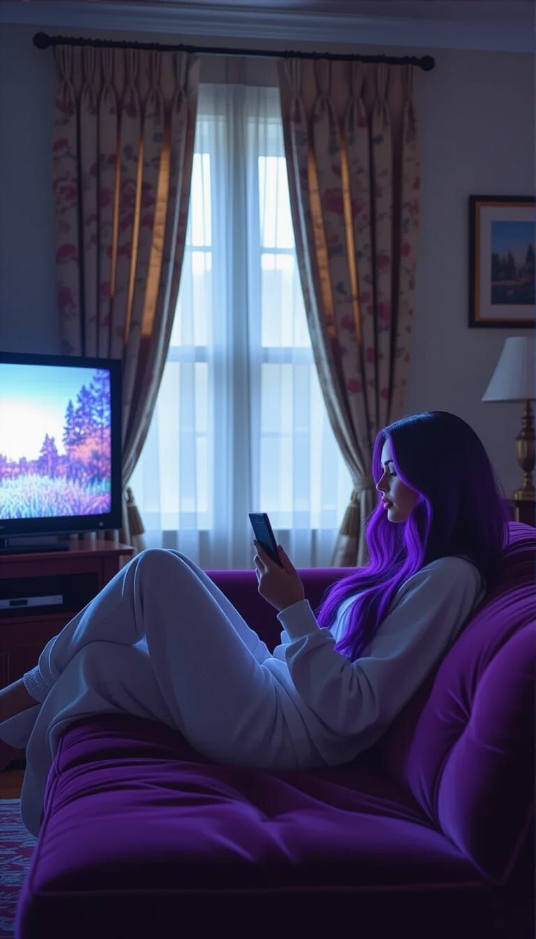 Woman Relaxing in Dark Room with TV Light