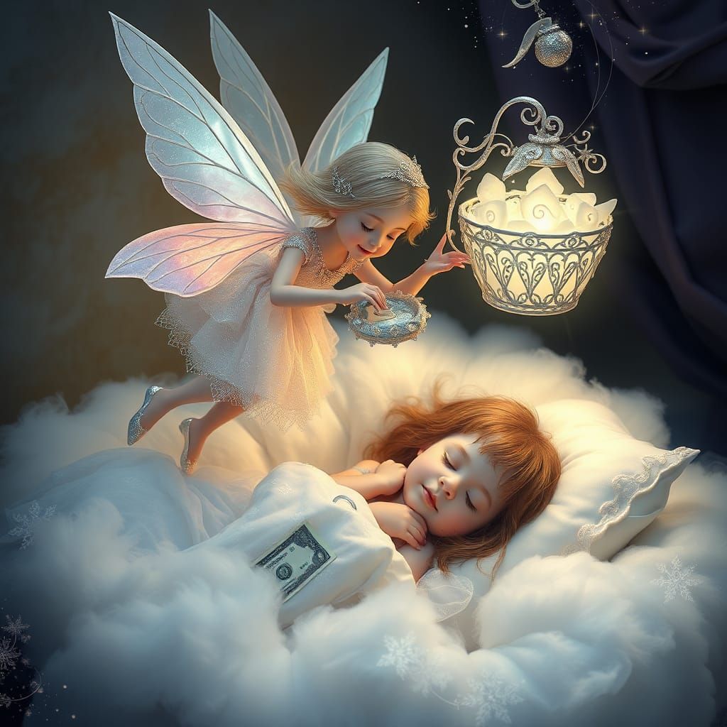 Iridescent Tooth Fairy Gathering Teeth, Matte Painting