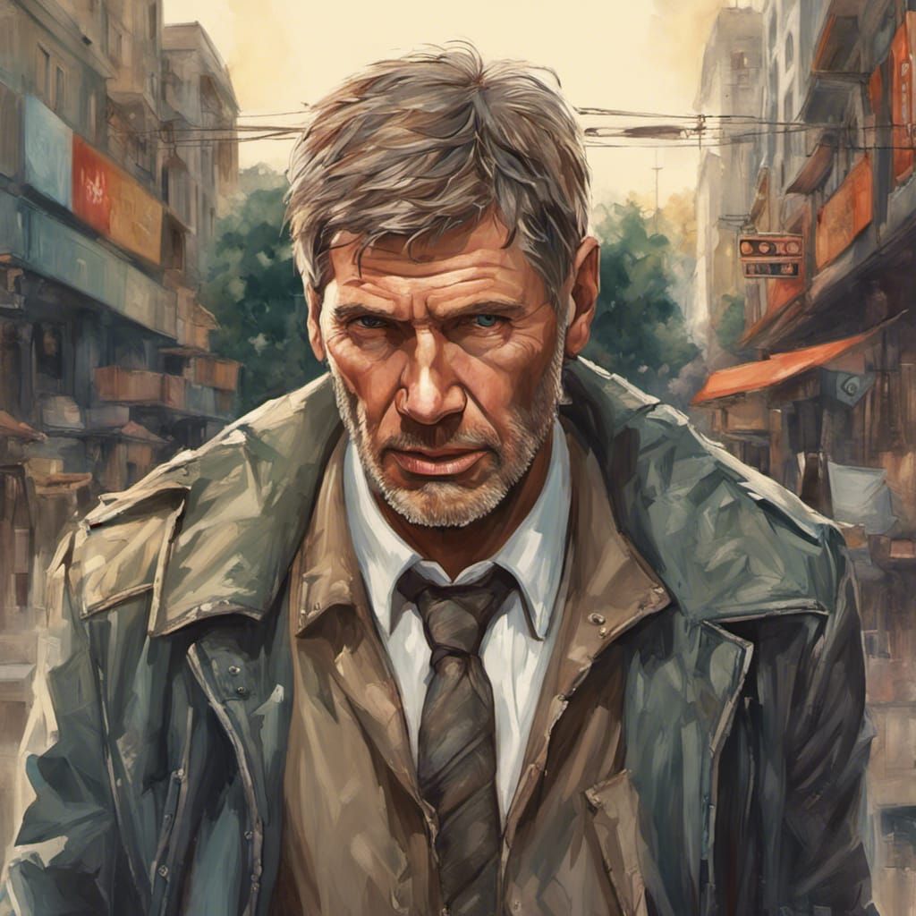 Harrison Ford as Rick Deckard in Moody Cityscape