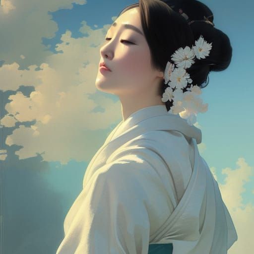 Attractive Japanese Princess in Kimono Cloud Portrait