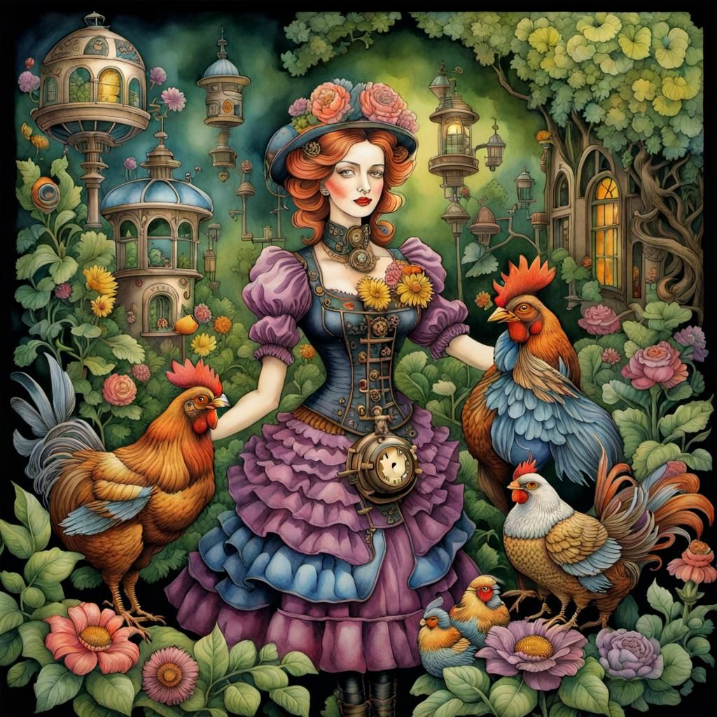 Steampunk Lady Gardening with Chickens in Watercolor Style
