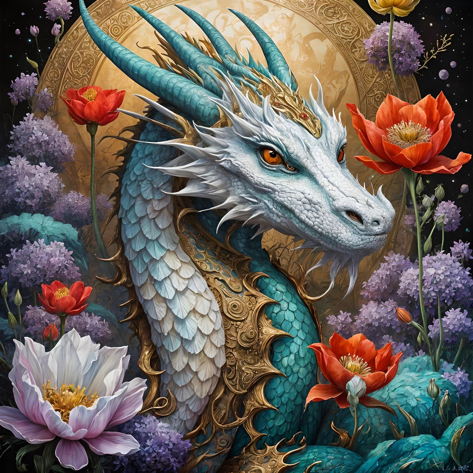 Lacecraft Dragon with Lotus Pond, Dark Fantasy Art