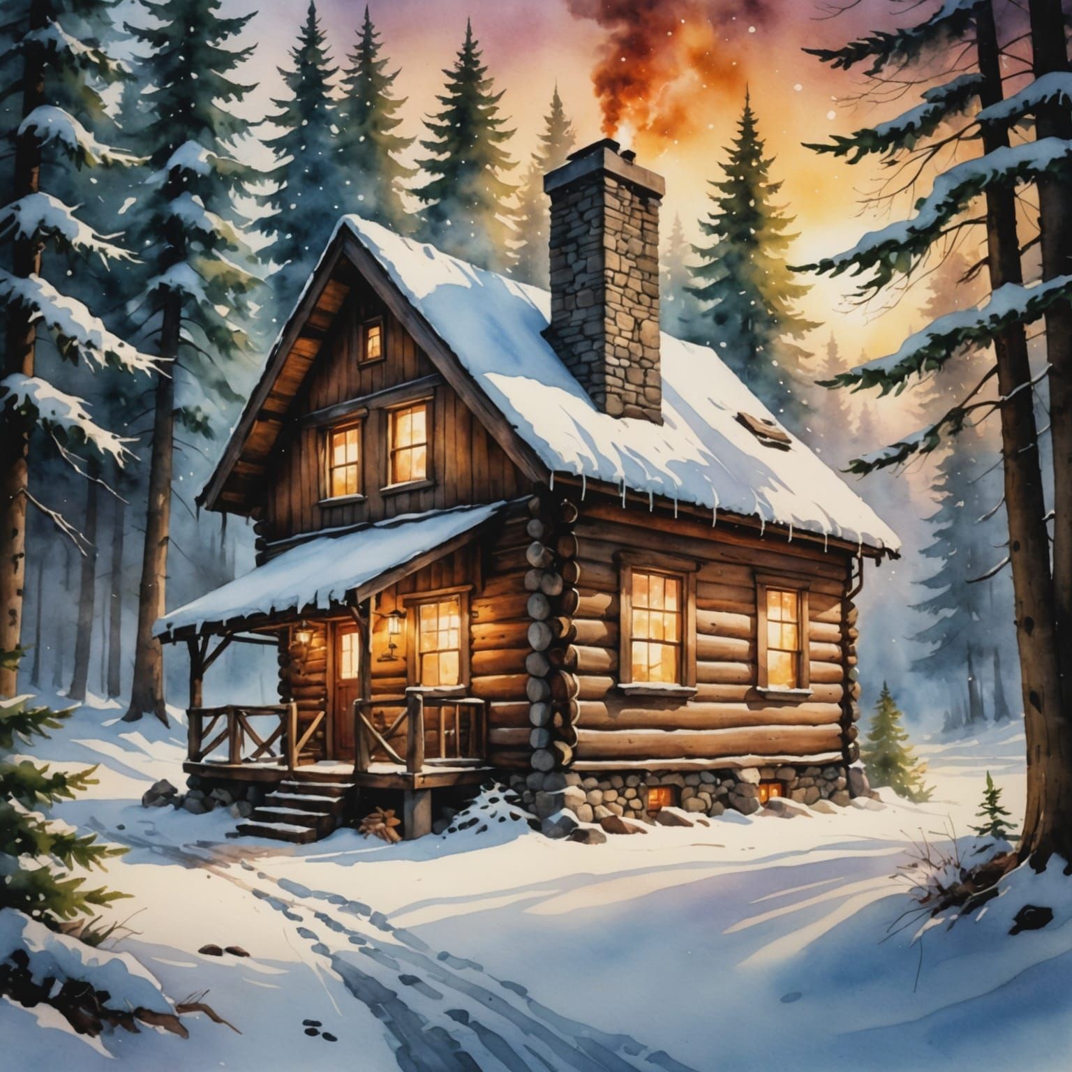 Cozy Cabin in Winter Forest: Watercolor Alcohol Ink