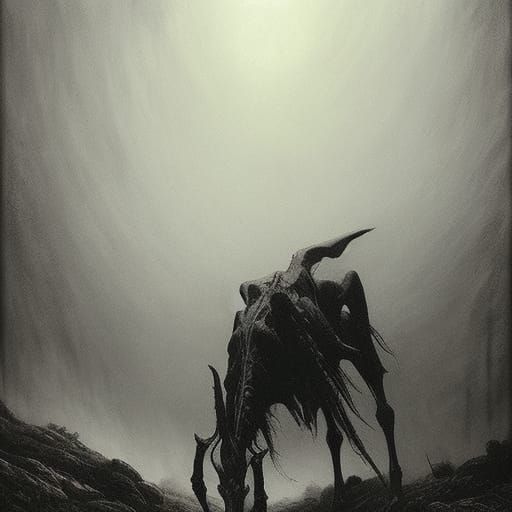 Ominous Nuckelavee Stalking in Mist: Horror Art