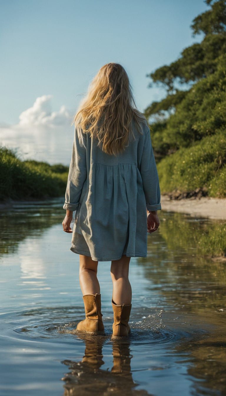 Serene Woman in Shallow Water, Inspired by Cinematic Masters