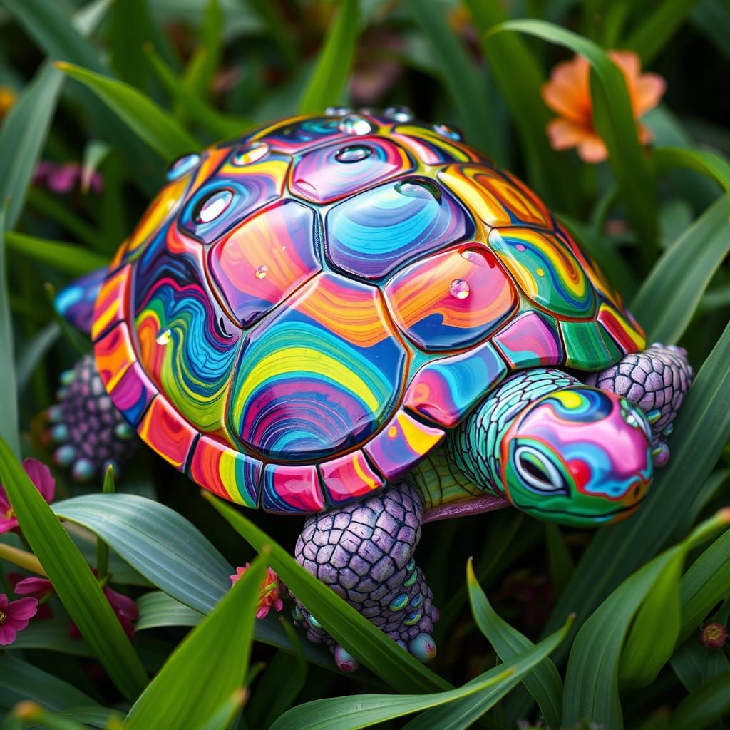 Vibrant, Multicolored Turtle in Whimsical Dreamlike Landscap...