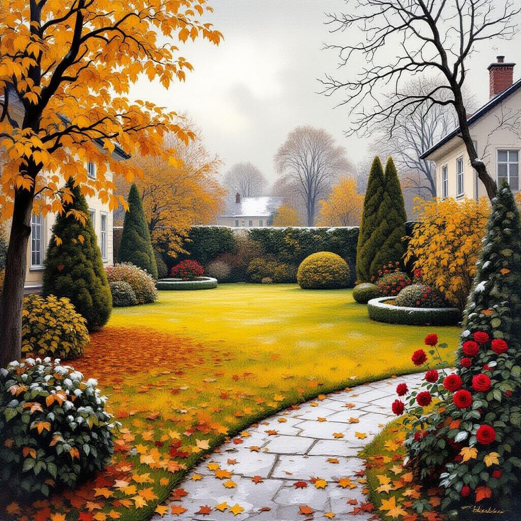 November Courtyard Oil Painting: Autumn Lawn and Garden