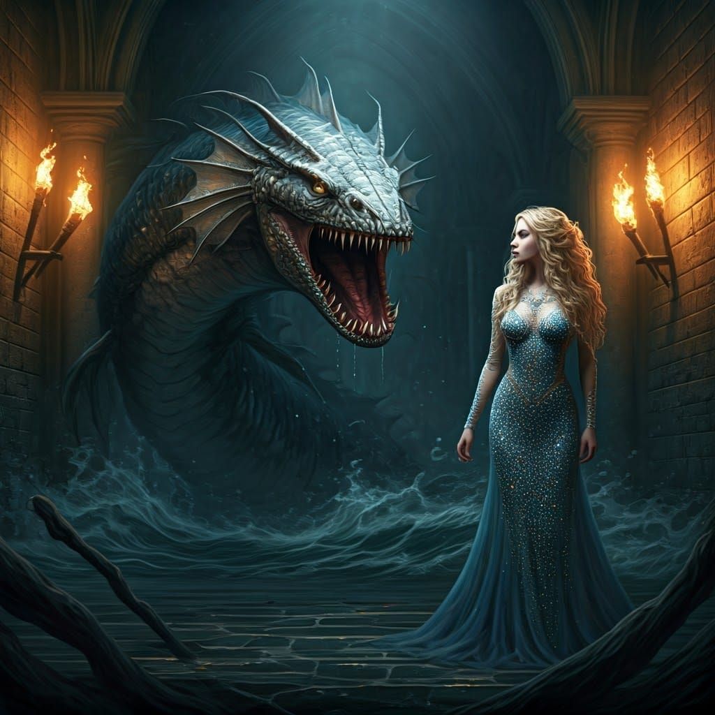 Regal Blonde Woman Faces Dark Water Monster in Castle Dungeo...