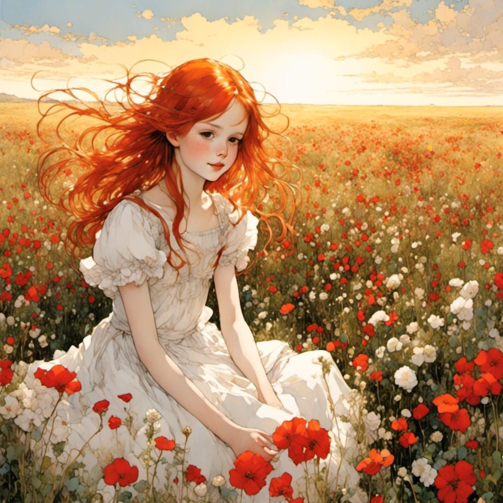Anime Girl in Flower Field at Golden Hour