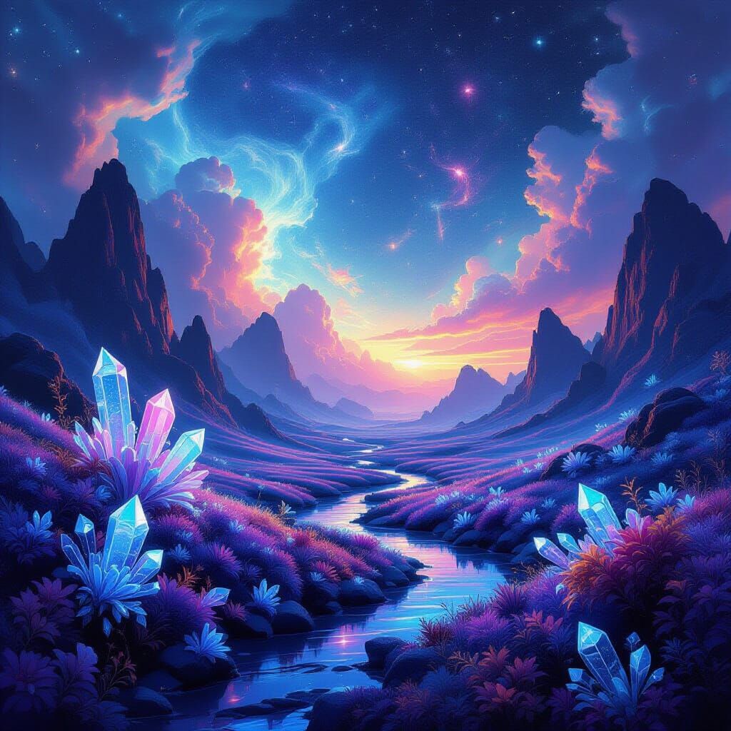 Surreal Bioluminescent Landscape with Crystalline Flora