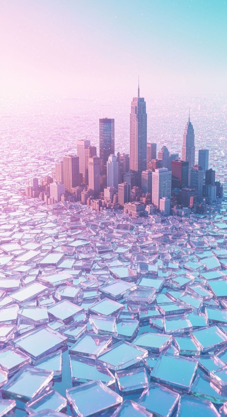 Ethereal City Skyline Rises from Iridescent Glass Sea