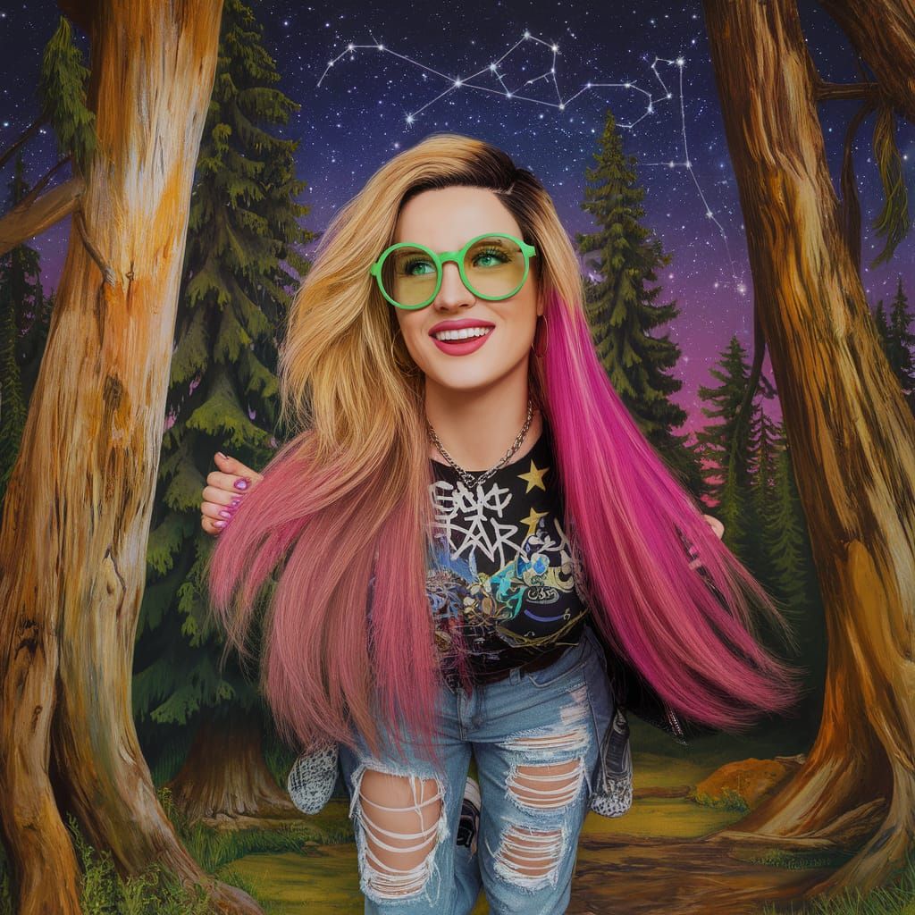 Magical Forest Scene with Pink-Haired Woman
