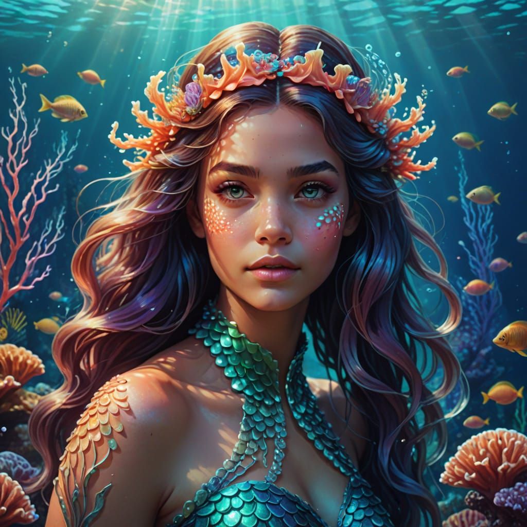 Mermaid in Vibrant Coral Reef Dreamscape