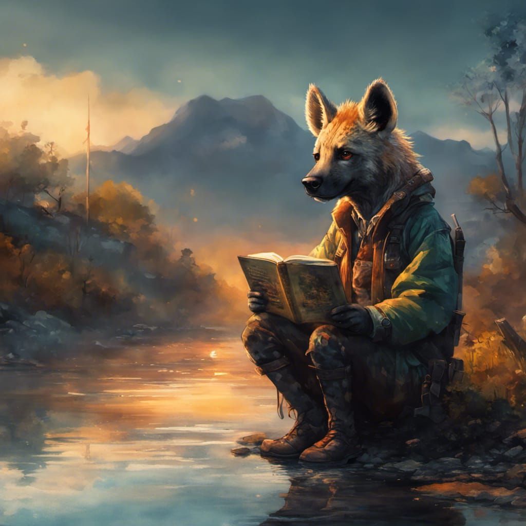 Anime Hyena Reading Book by River in Watercolor